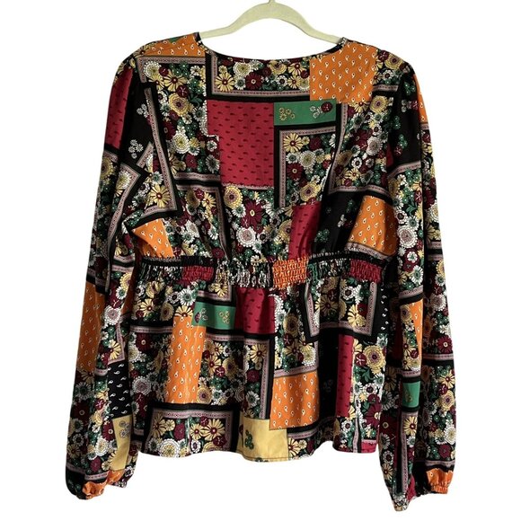 Shein Curve Womens Boho Floral Patchwork Print V-Neck Smocking Blouse 2XL - Picture 7 of 7